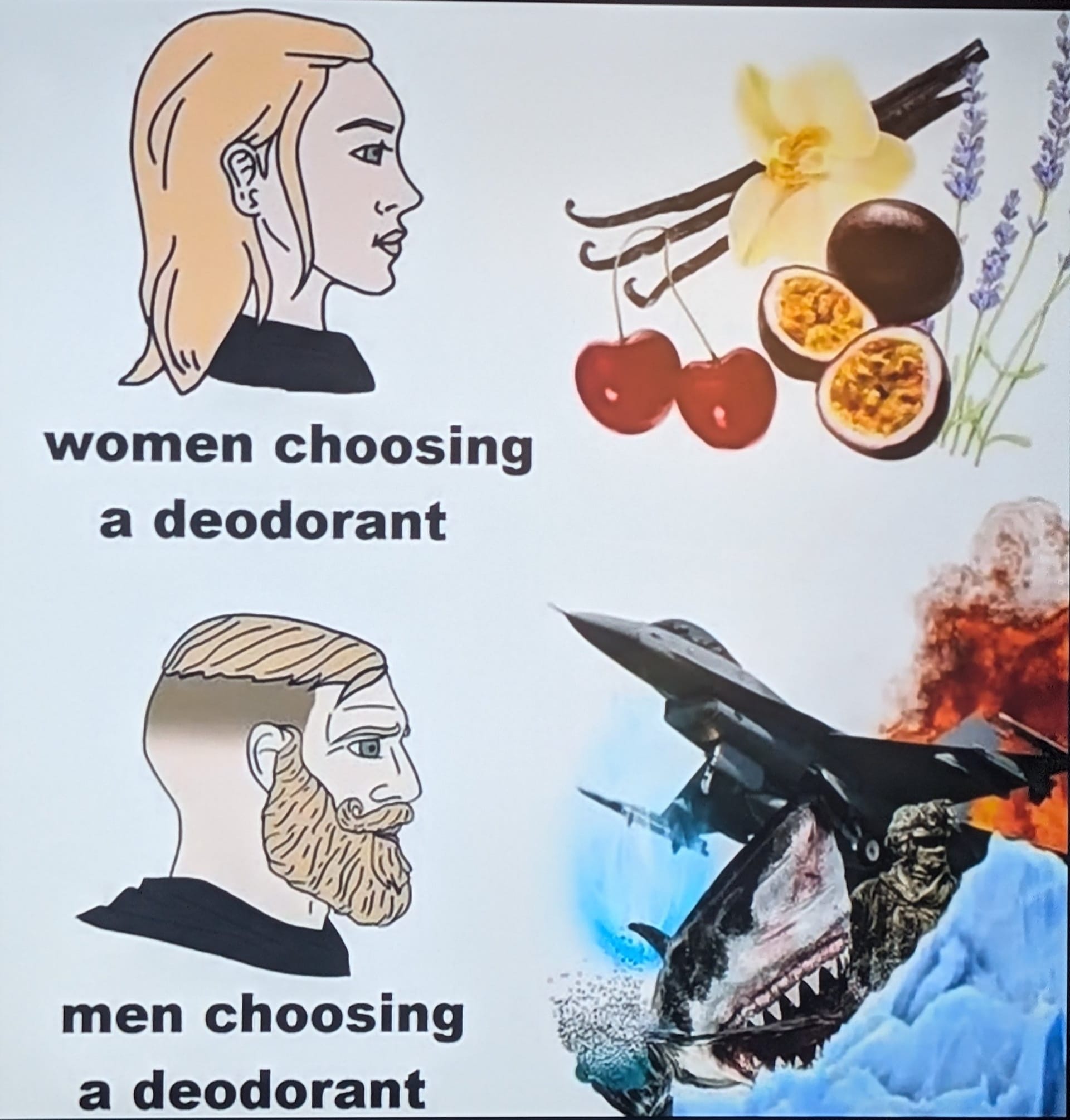 This meme is a humorous comparison between the typical experiences of men and women when it comes to choosing a deodorant. The top panel shows a woman with a pleasant and relaxing scent, such as lavender and vanilla, with the text "women choosing a deodorant". The bottom panel shows a man with a more intense and aggressive scent, such as "dragon's breath" or "inferno", with the text "men choosing a deodorant".